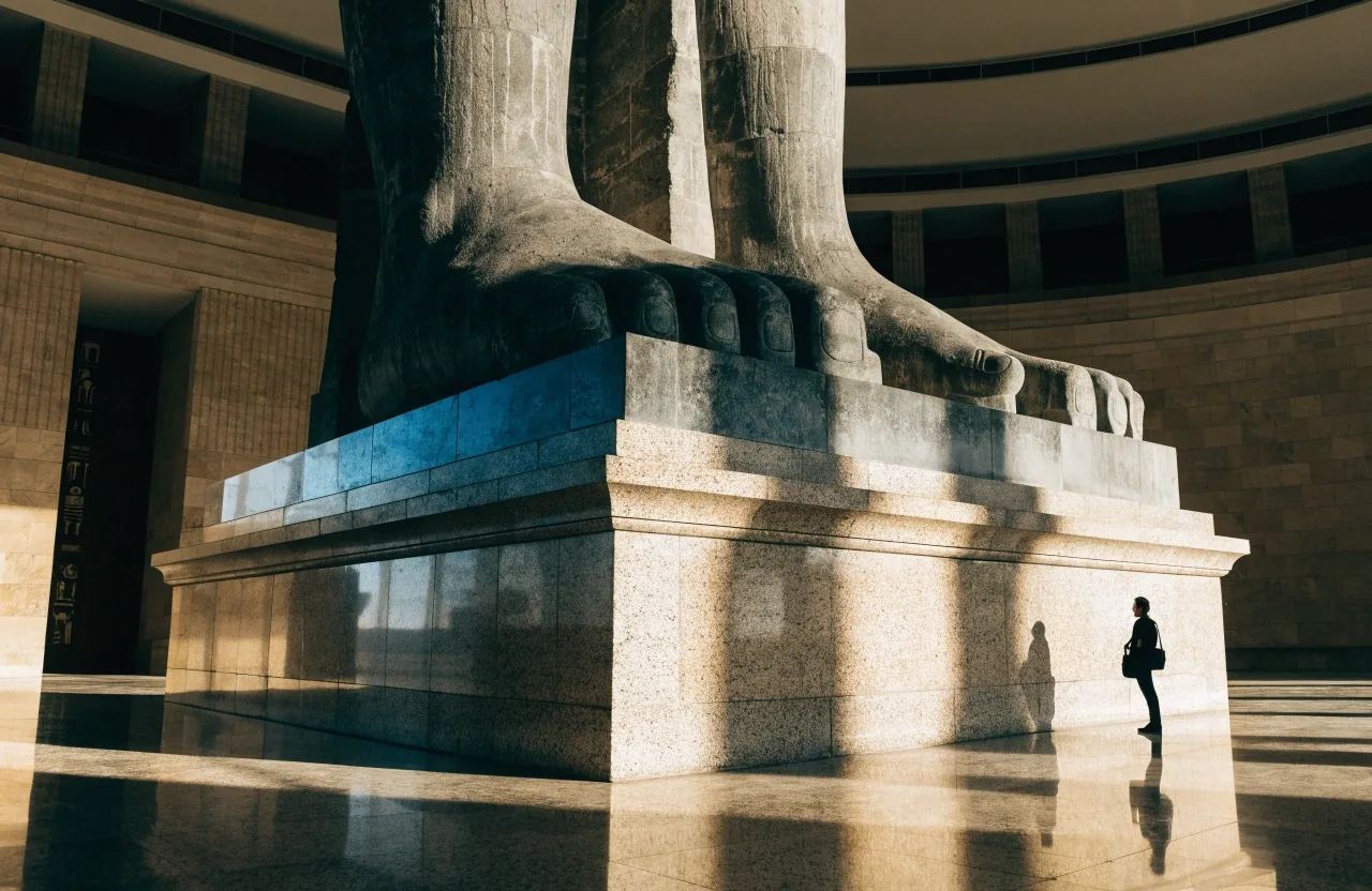 Colossal statue base with visitor silhouette for scale