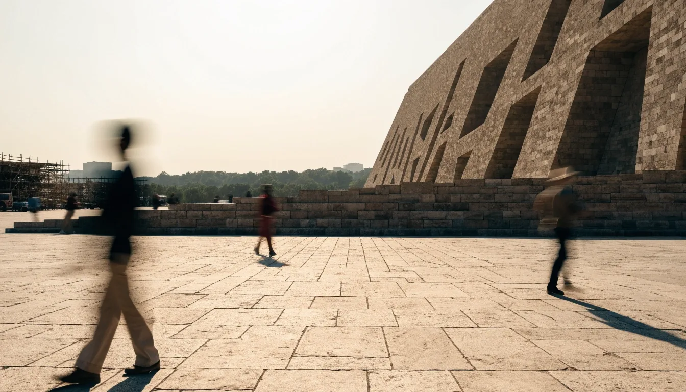 Entrance plaza of the Grand Egyptian Museum at late afternoon