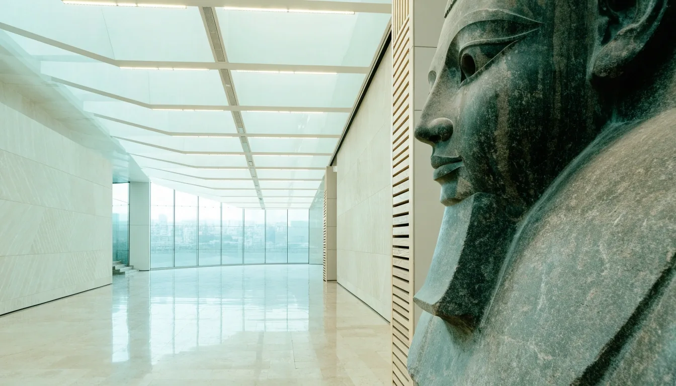 Quiet gallery interior with polished limestone floor and soft daylight