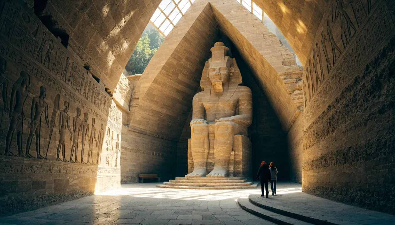 Grand Staircase atrium of the grand egyptian museum rising past monumental statues