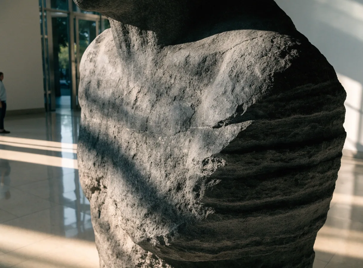 Large recovered colossus displayed in the museum hall