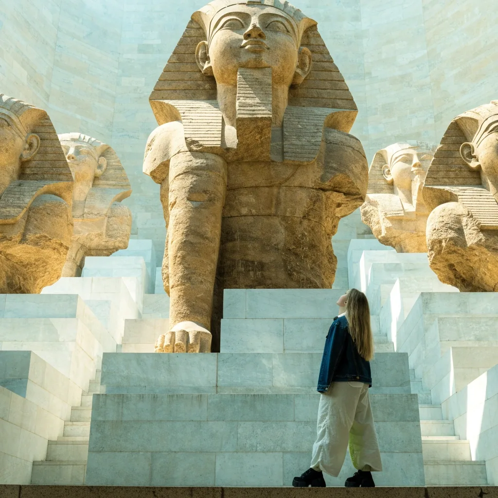 Monumental statues lining the Grand Staircase with view back to the hall