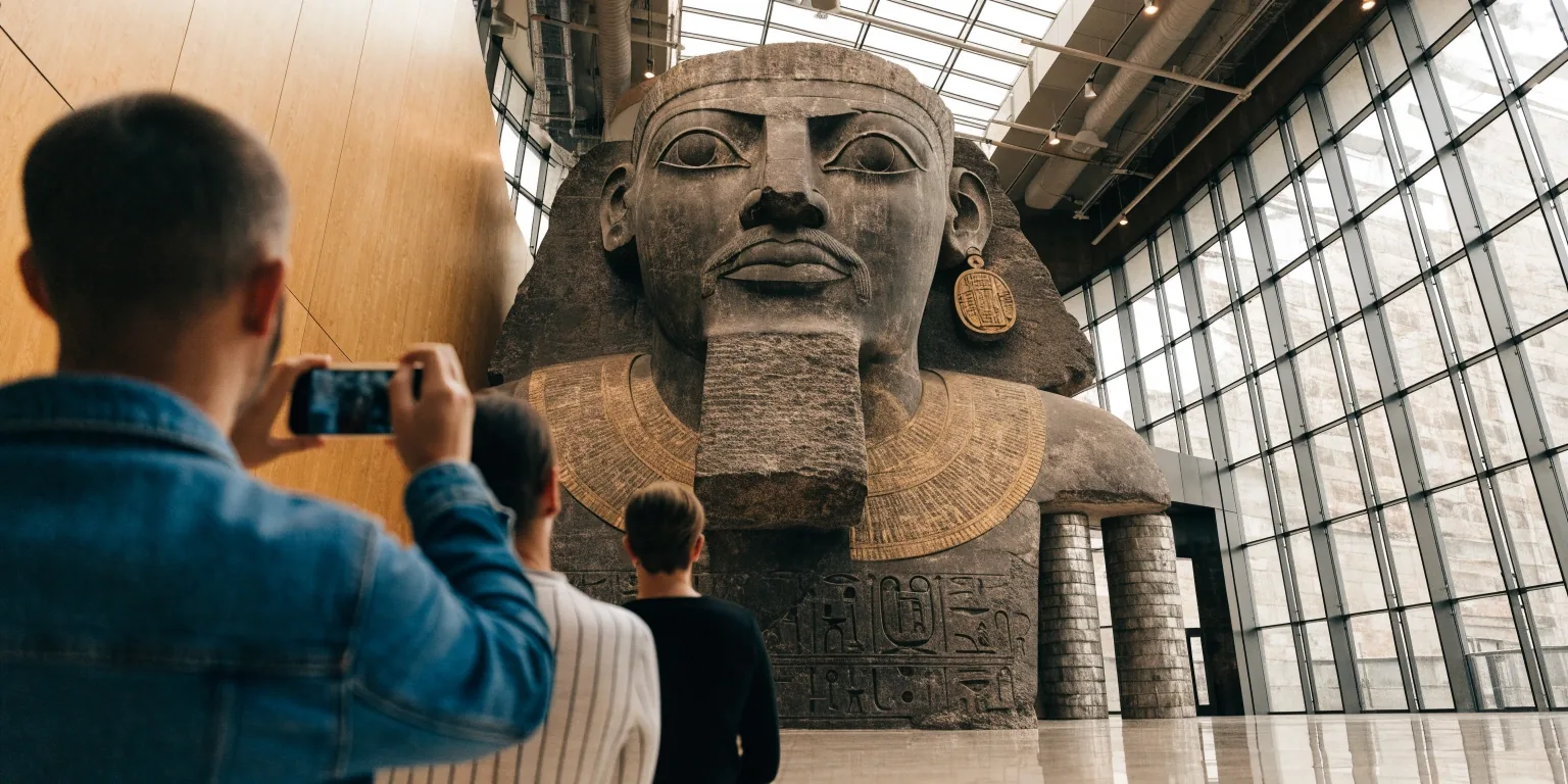 Ramses II colossal statue in the Grand Hall with visitors for scale