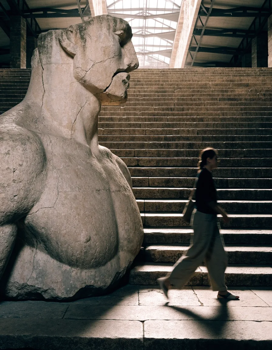 Visitor beside towering statue base on the Grand Staircase