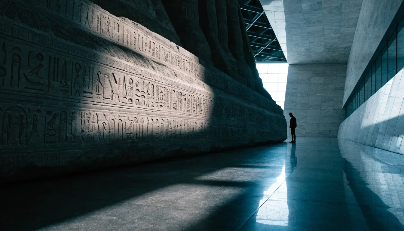 Colossal stone base with a visitor silhouette showing scale