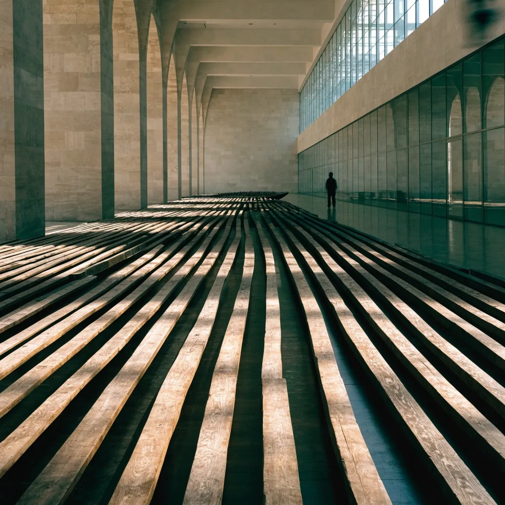 Polished limestone floor reflecting tall window light