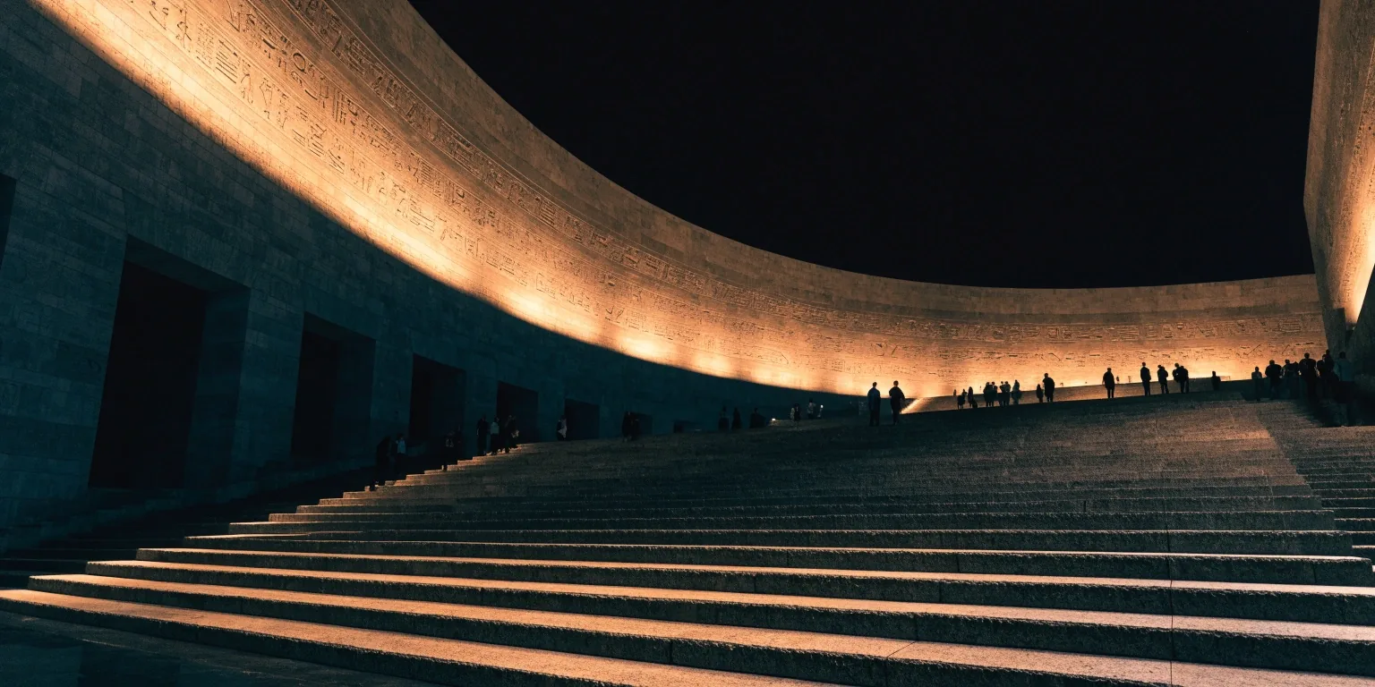 The museum atrium glowing after dark during an evening light experience