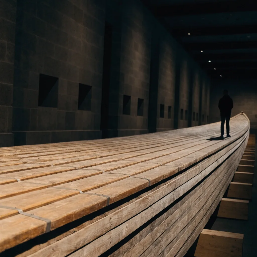 The long hull of a Khufu boat resting inside its dark sealed hall
