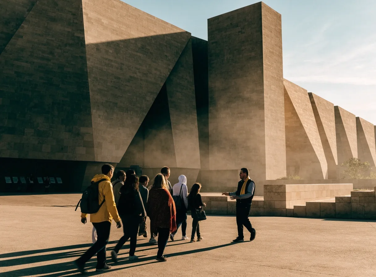Visitors crossing the entrance plaza in late afternoon light