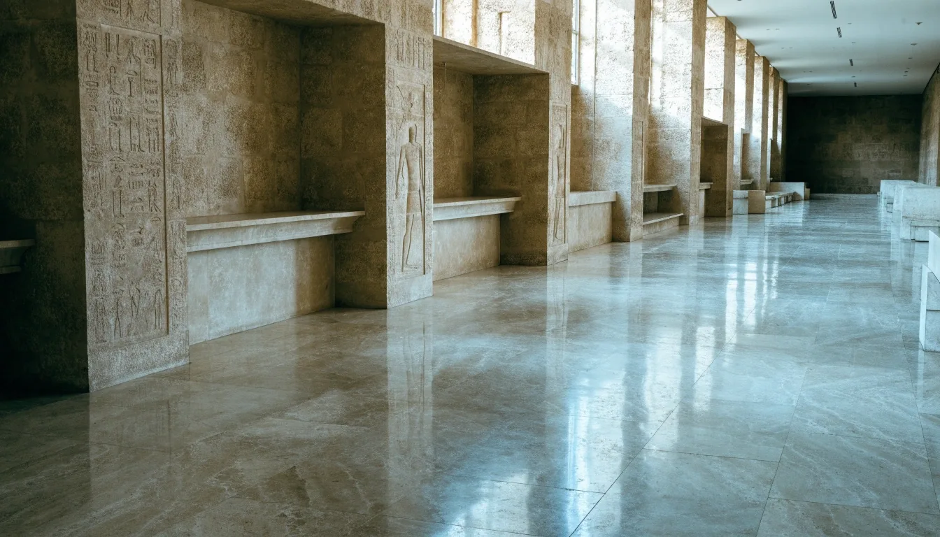 Quiet gallery hall of the Grand Egyptian Museum with polished stone floor and daylight