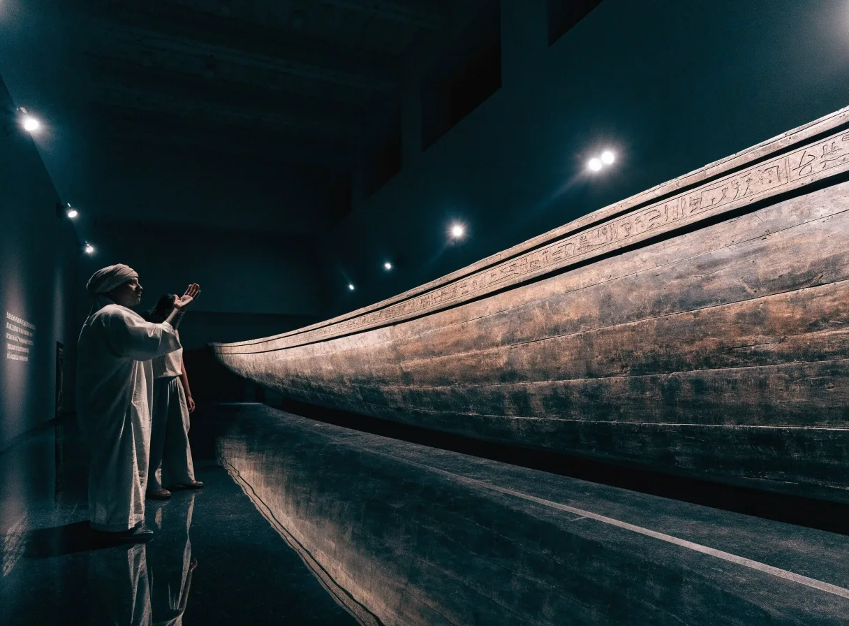 Ancient boat hull in a dark sealed museum hall under spotlights