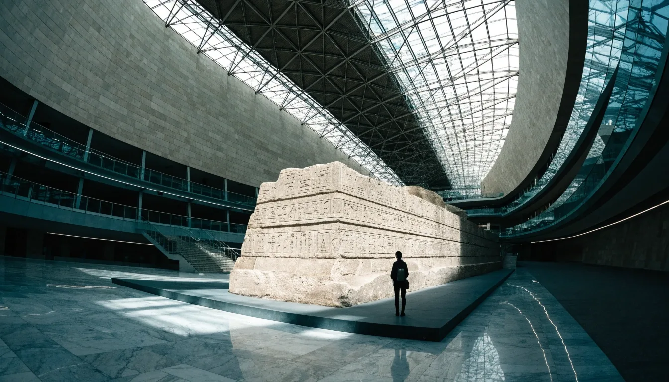 Colossal statue base with visitor silhouette for scale