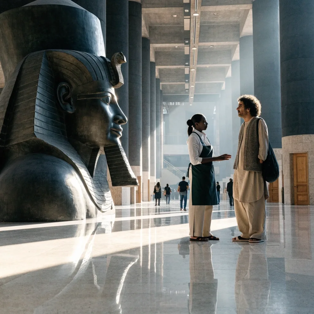 Empty Grand Egyptian Museum gallery at opening hour with daylight on the stone floor