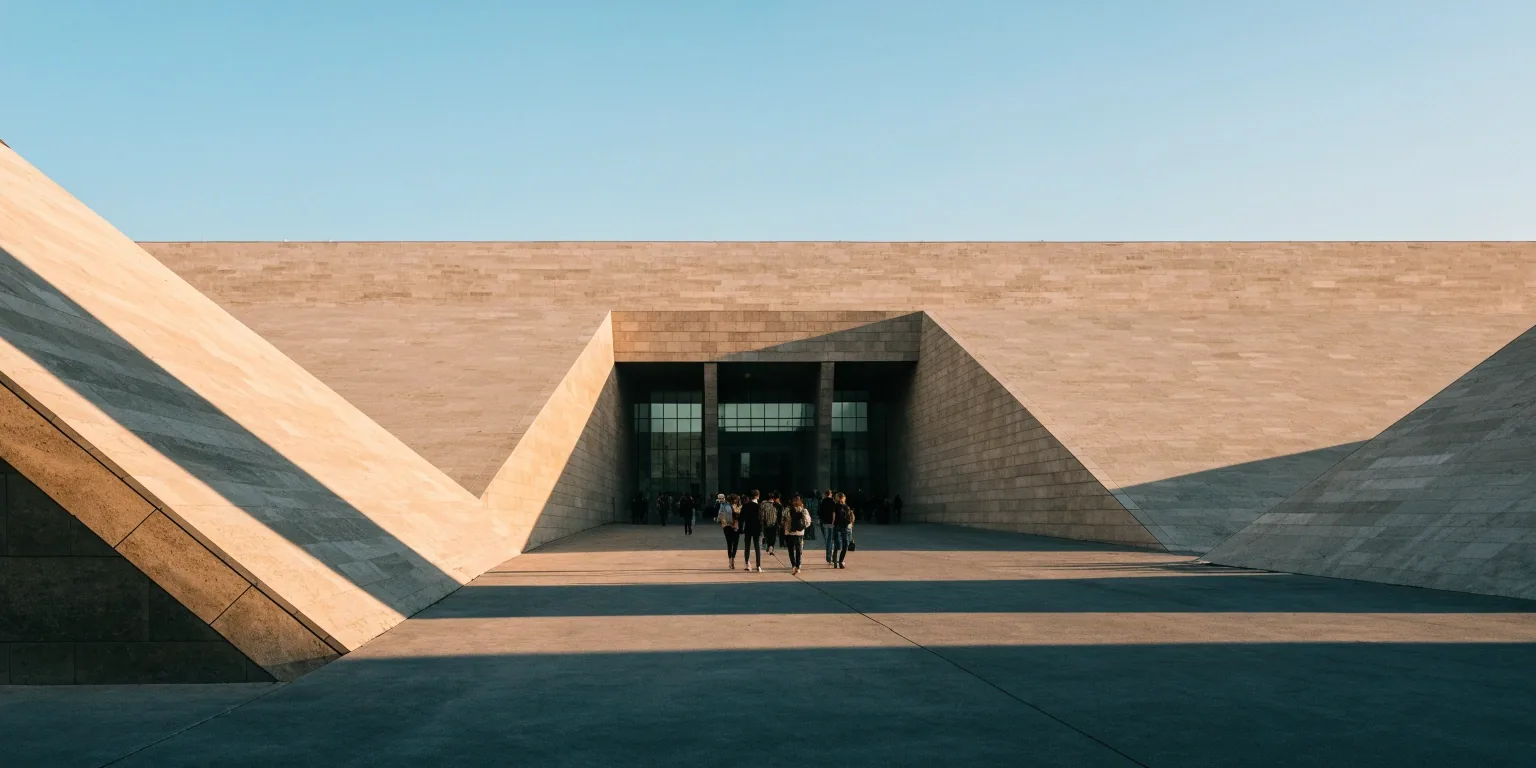 Entrance plaza and facade of the Grand Egyptian Museum in afternoon light