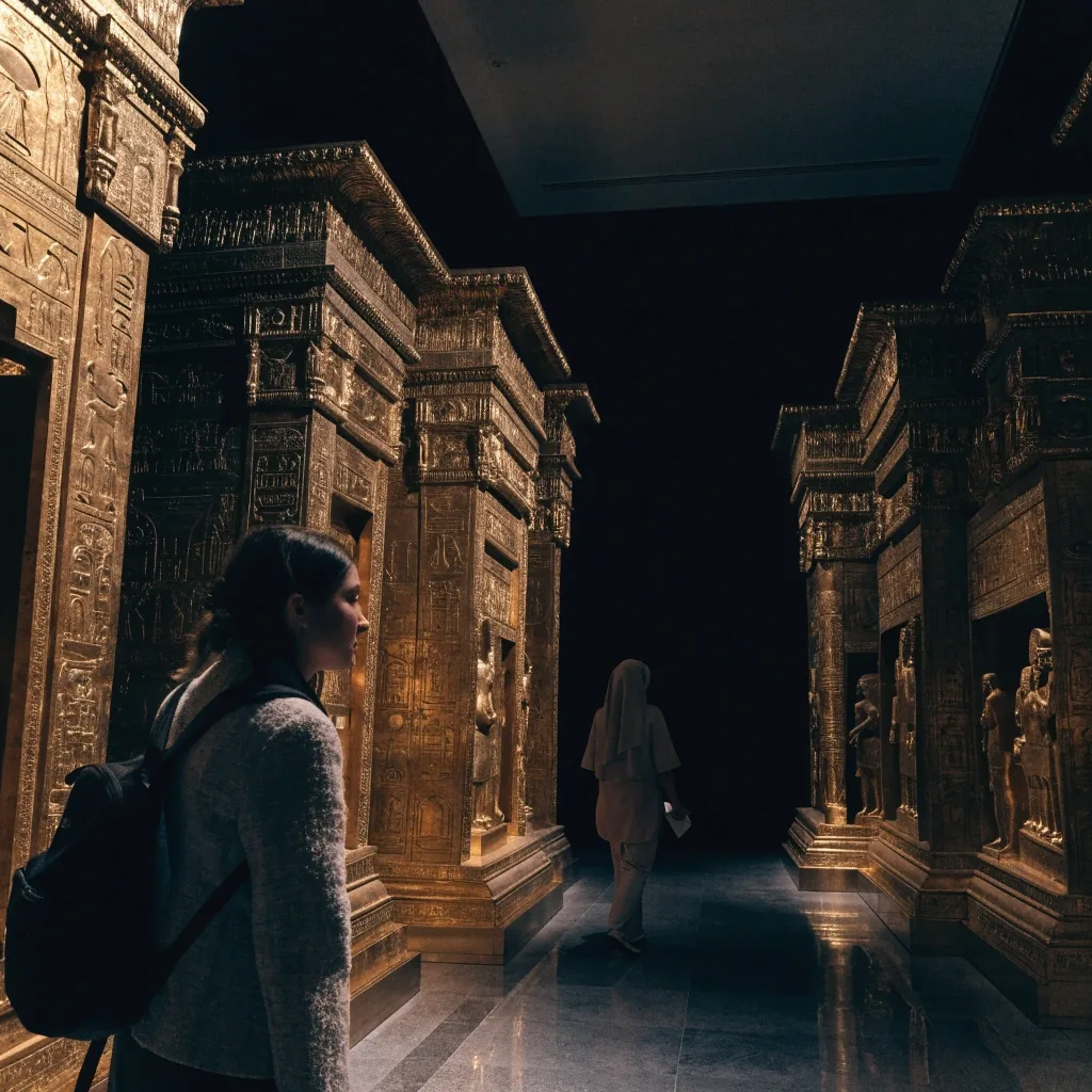 Tutankhamun gallery interior with gilded surfaces in raking light