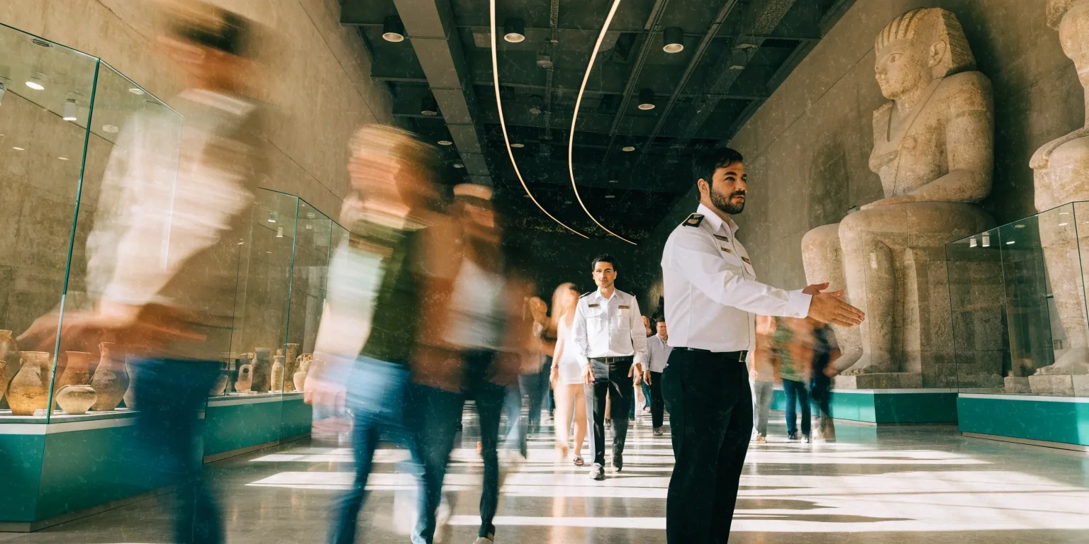 Visitors moving through a bright museum gallery